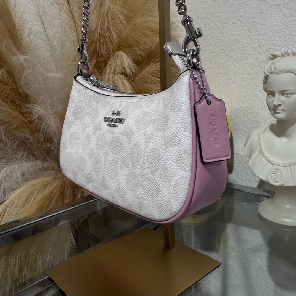 Coach NWT Mini Teri Shoulder Bag w/Crossbody Strap CW323 -Silver/Chalk/Carnation - Picture 4 of 16